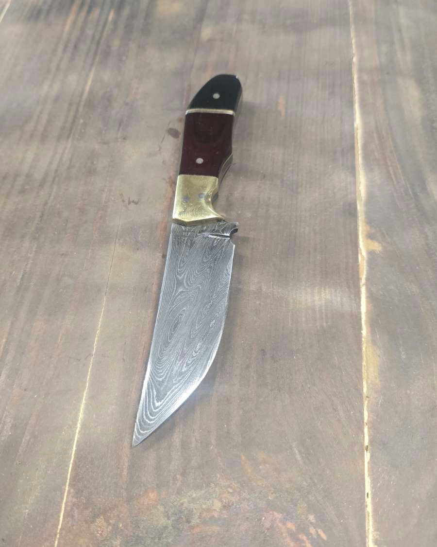 Alabama Damascus EDC knife with brass and nickel dividers, maroon and black Micarta handle