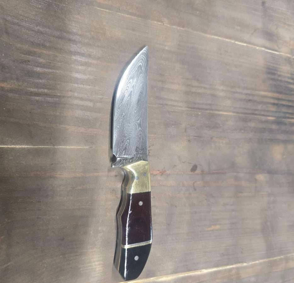 Alabama Damascus EDC knife with brass and nickel dividers, maroon and black Micarta handle