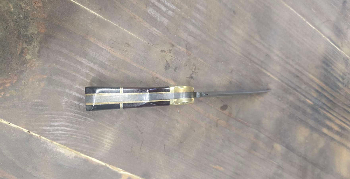 Spine view showing brass inlay and segmented Micarta handle
