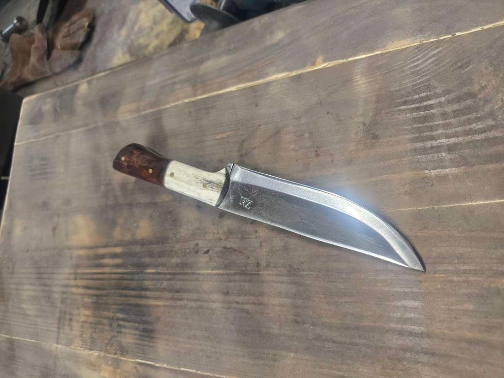 440C stainless skinner showing ZH maker mark and elk antler handle