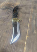 80CrV2 trailing recurve skinning knife with brass bolster, carbon fiber and dyed redwood handle